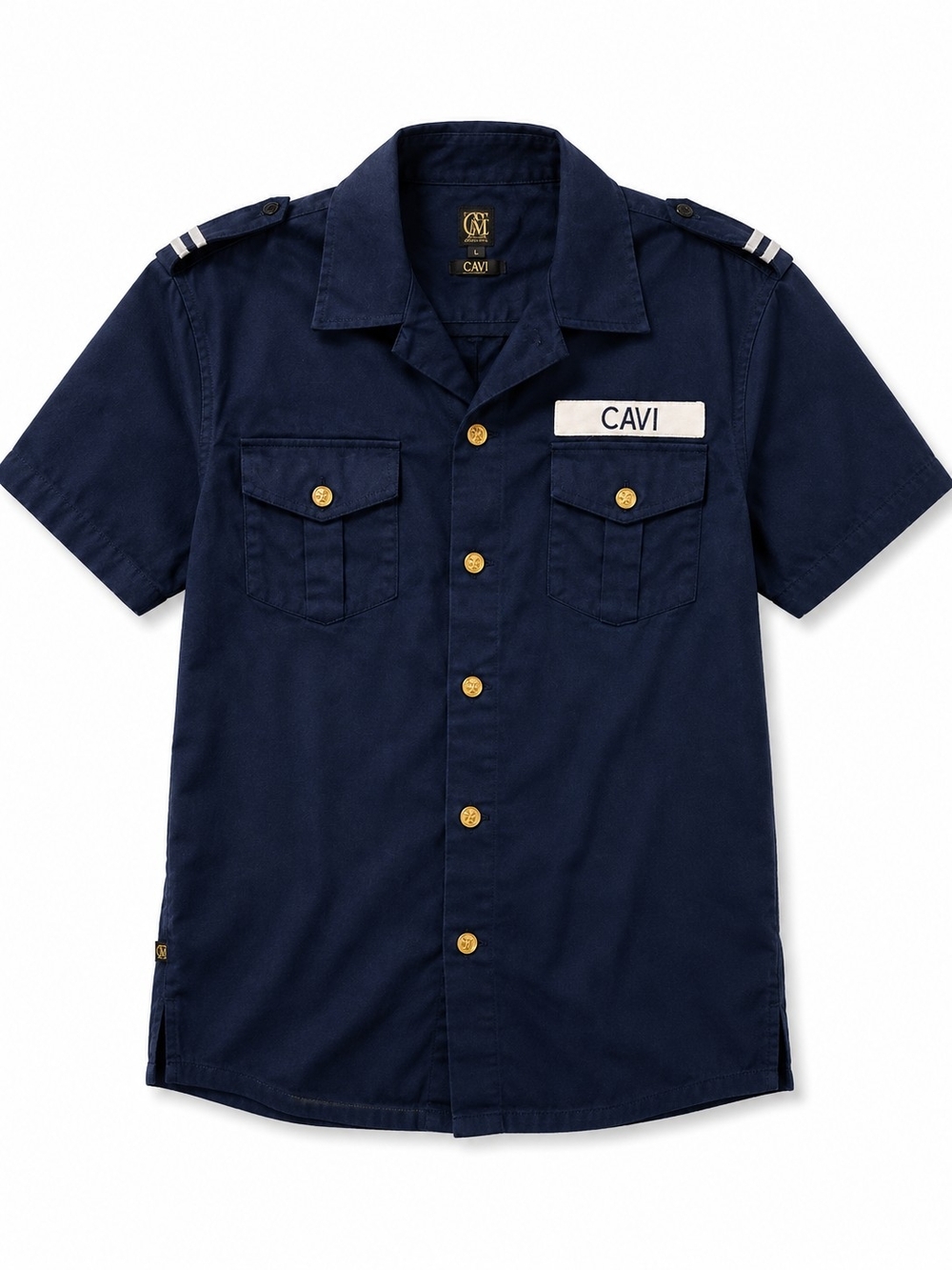 CAVI Navy Blue Military Pilot Short Sleeve Shirt Gold Buttons Size L